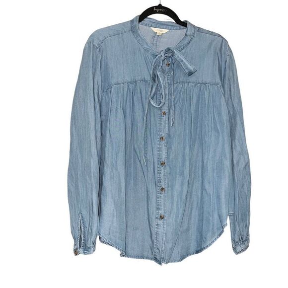 NWT TERRA & SKY Faux Light Denim Button Up Tie Blouse Size 14W - Picture 3 of 11